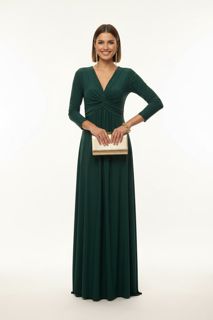  Vestido de Fiesta Largo de licra con Manga Francesa y Escote Pico verde oscuro