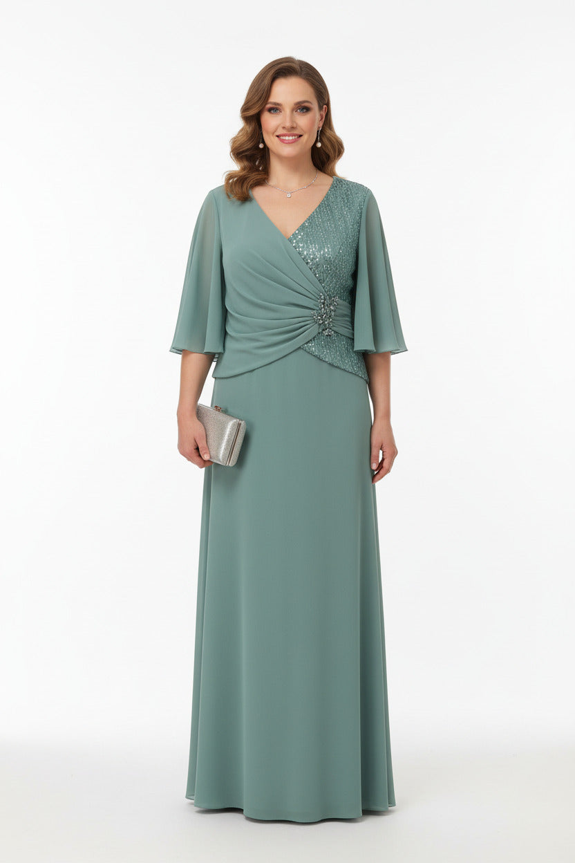 espalda vestido para madrina largo verde salvia con detalle de brillos