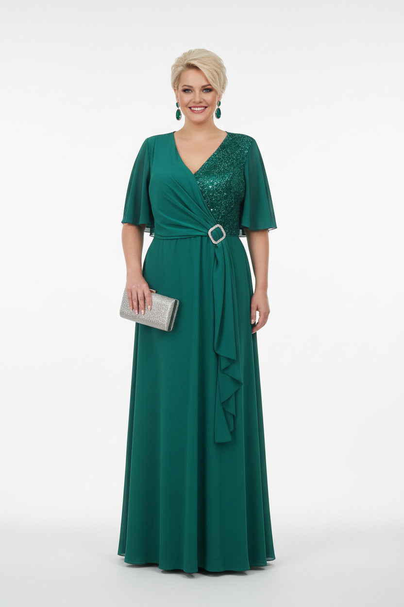 vestido para madrina largo con detalle de broche verde