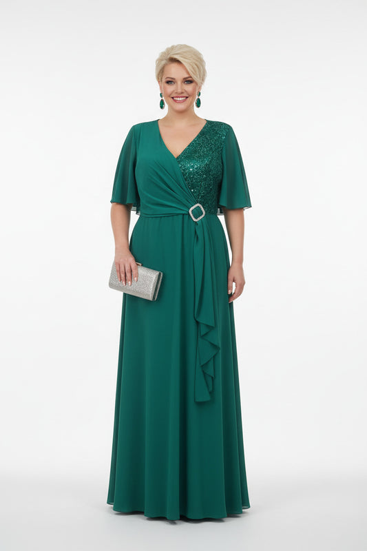 vestido para madrina largo con detalle de broche verde