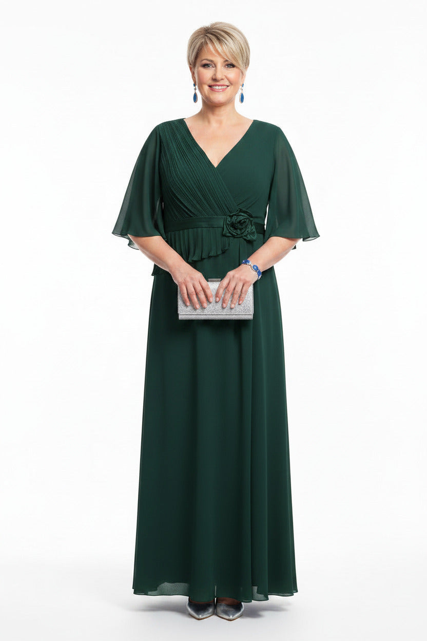 vestido para madrina largo con manga verde oscuro