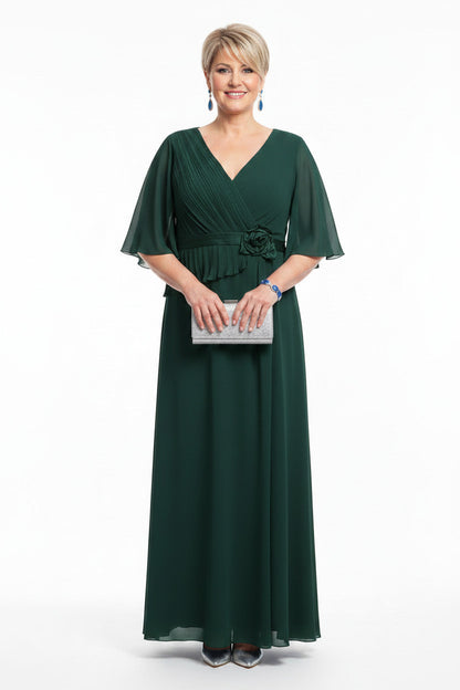 vestido para madrina largo con manga verde oscuro