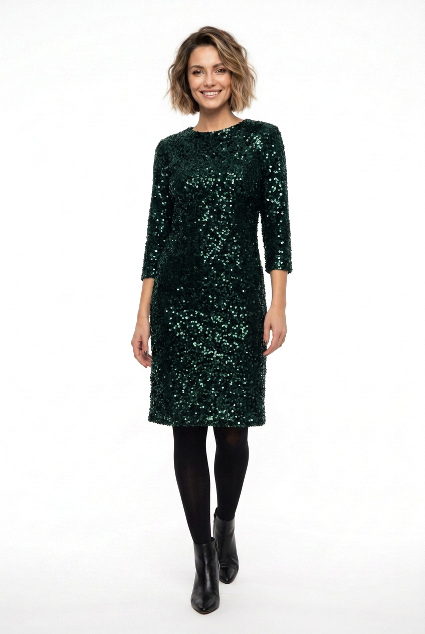Vestido de lentejuelas verde oscuro con manga francesa y largo a las rodillas, vista frontal