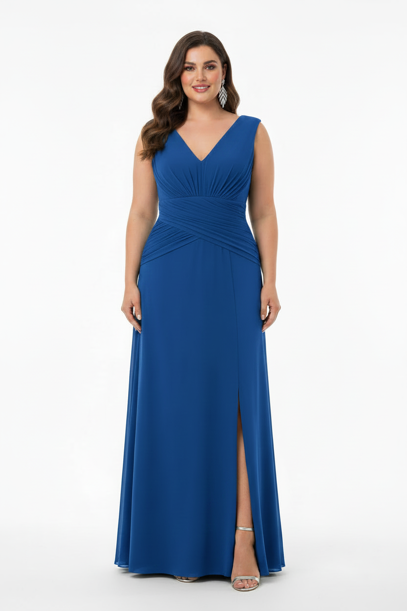 Vestido Largo Mildura Talla Grande - Con Hombreras y Abertura en la Falda