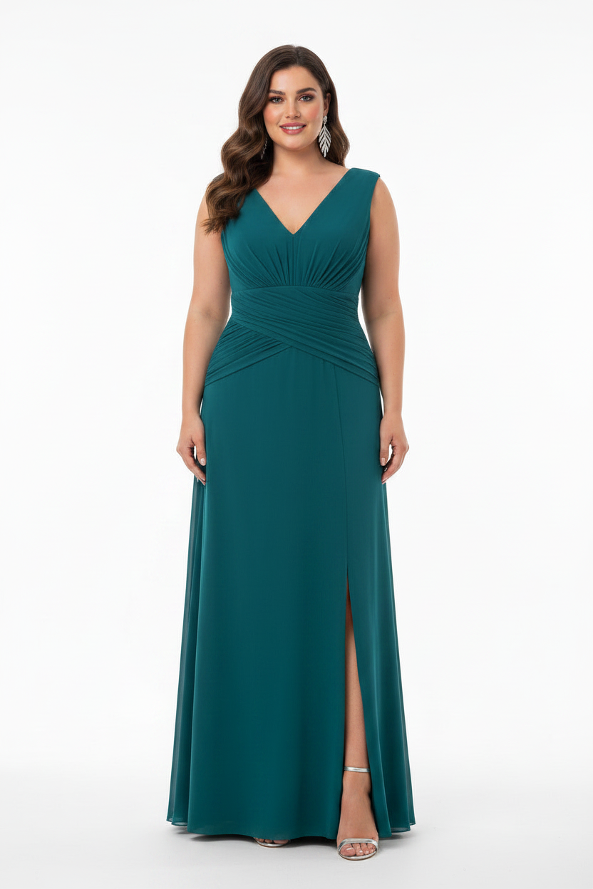 Vestido Largo Mildura Talla Grande - Con Hombreras y Abertura en la Falda