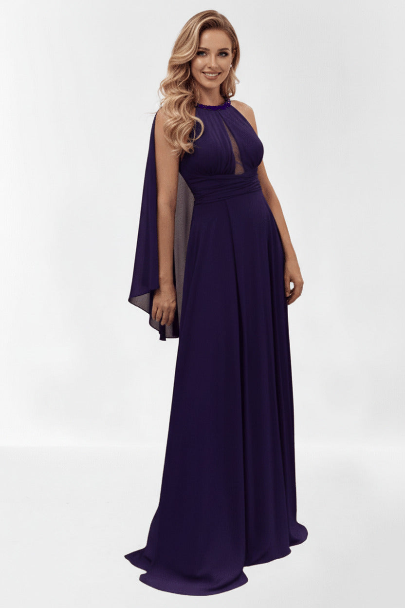 Vestido de Fiesta Largo Male - Escote Halter con Capa y Pedrería