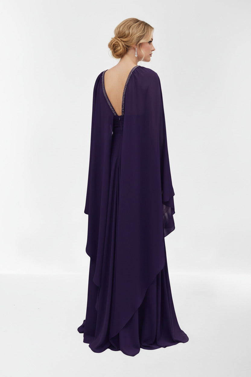 Vestido de Fiesta Largo Male - Escote Halter con Capa y Pedrería-Vista trasera