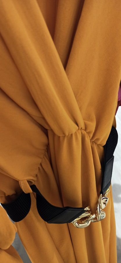 Vestido tobillero manga larga con cinturón Sizouka