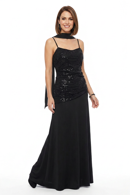 vestido de fiesta largo negro con lentejuelas y chal