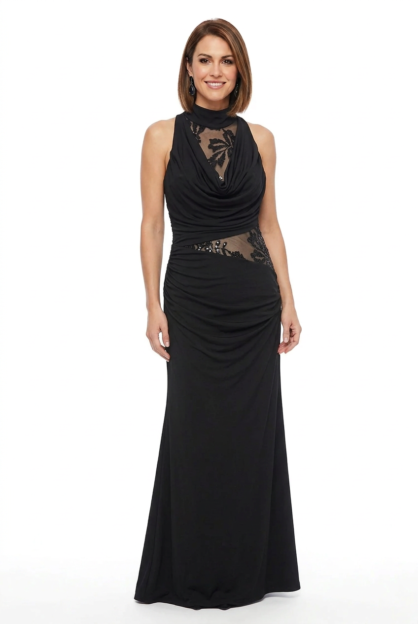 vestido negro drapeado y transparencias bordadas