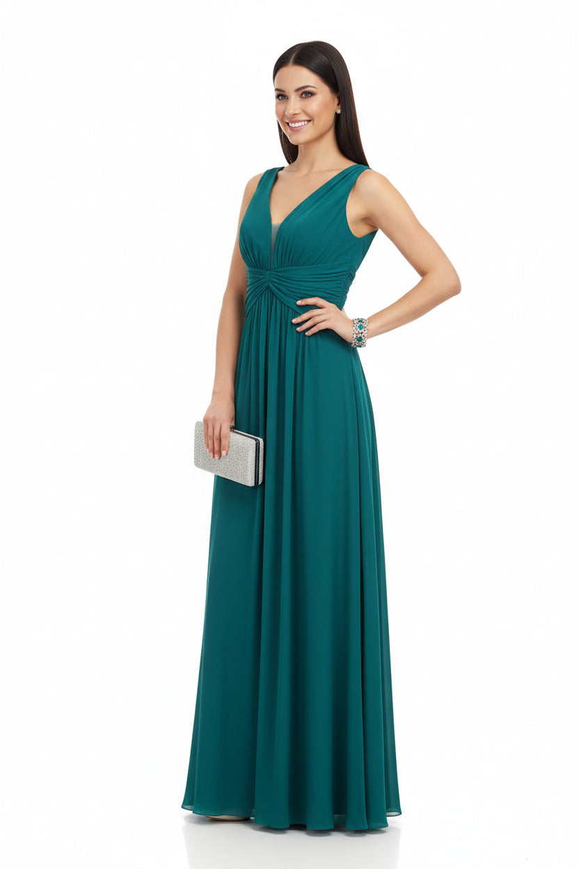 vestido para invitada a boda largo con escote pico turquesa