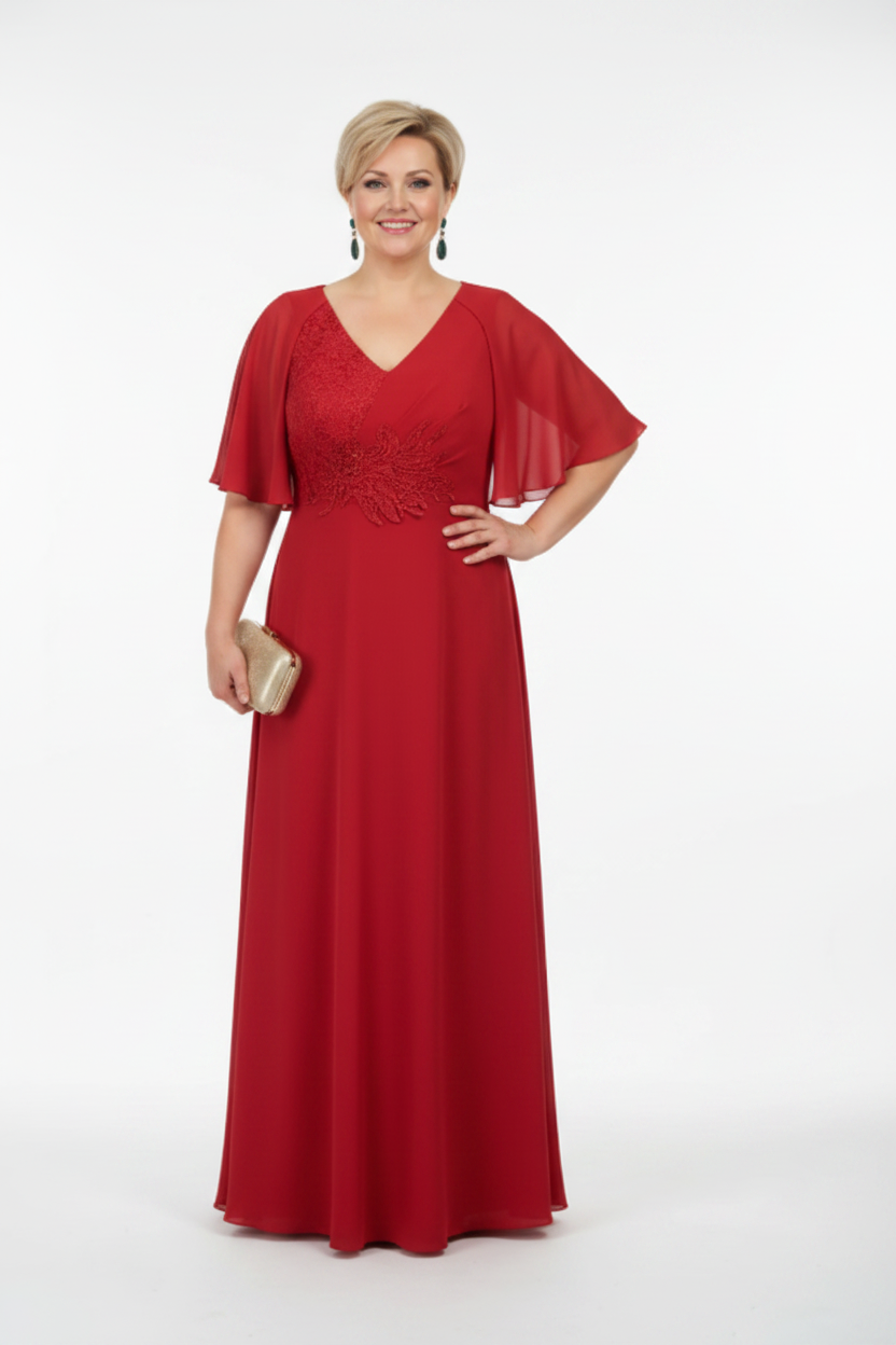 vestido de fiesta largo elegante para madrina con escote pico y detalle de encaje manga volante rojo