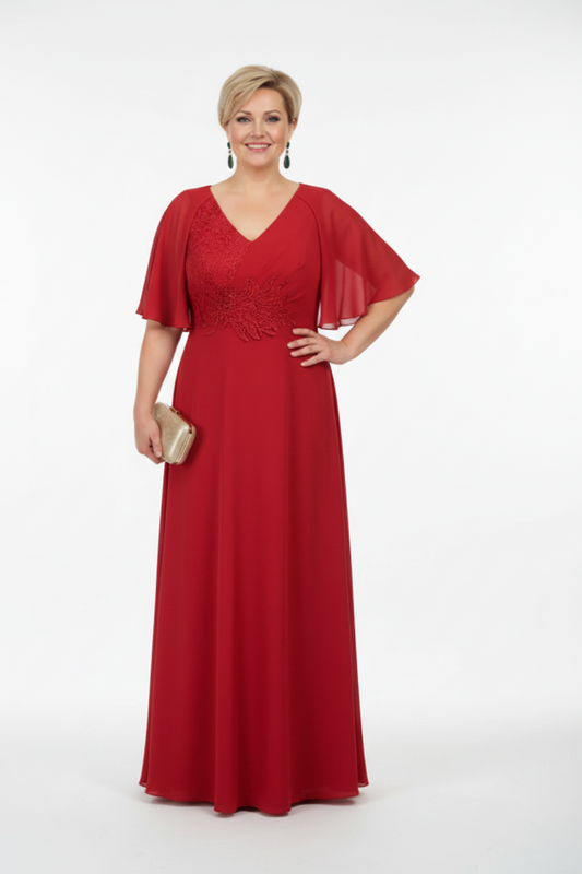vestido de fiesta largo elegante para madrina con escote pico y detalle de encaje manga volante rojo