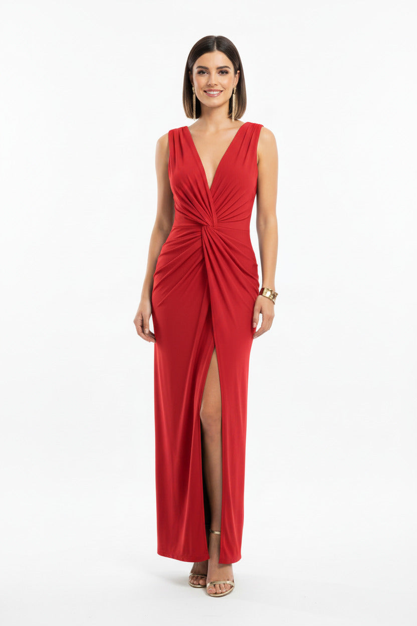vestido de fiesta largo para invitada escote pico y abertura ne la falda color rojo