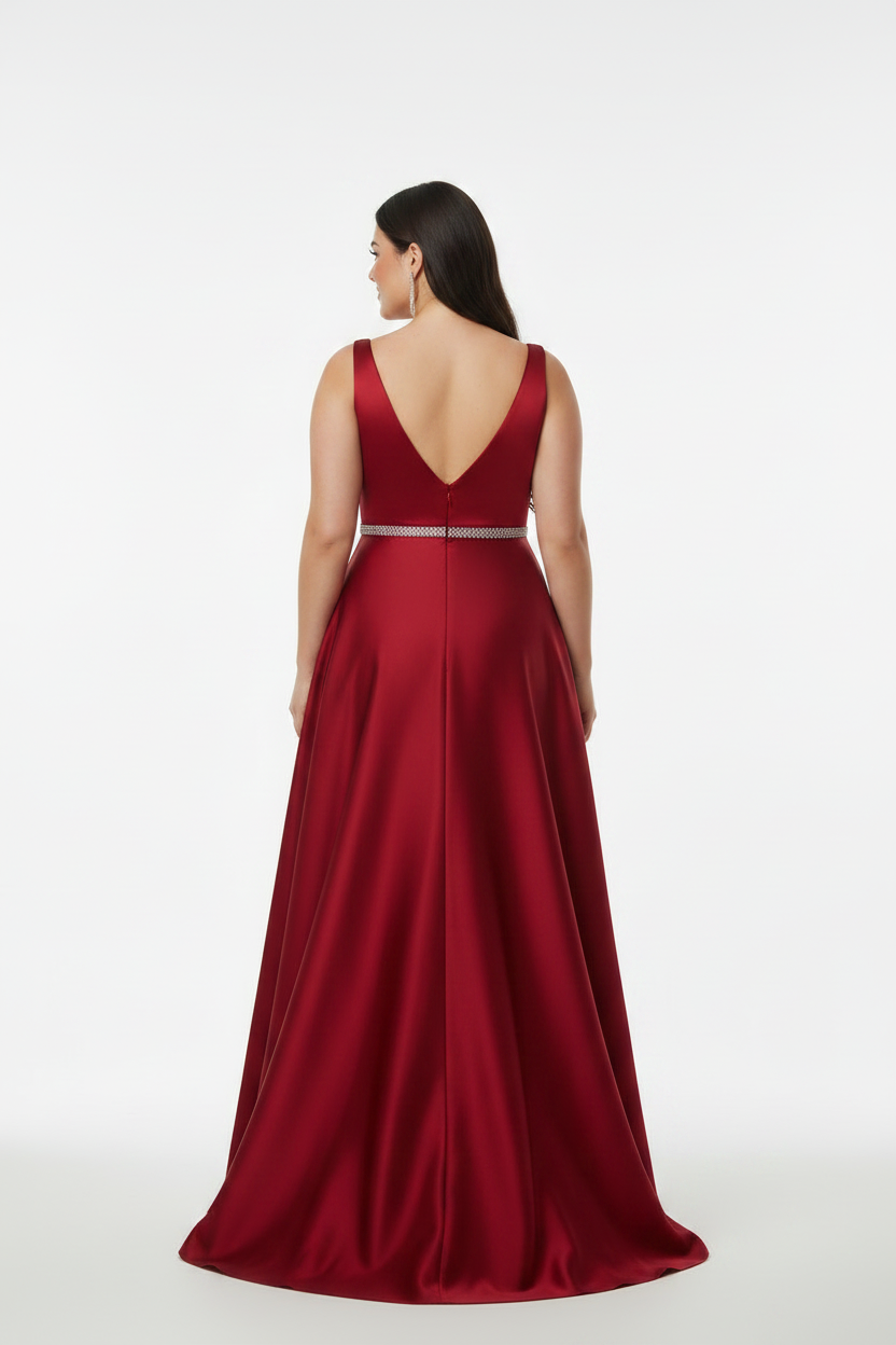 espalda vestido de fiesta largo mikado talla grande rojo con cinturón de pedrería