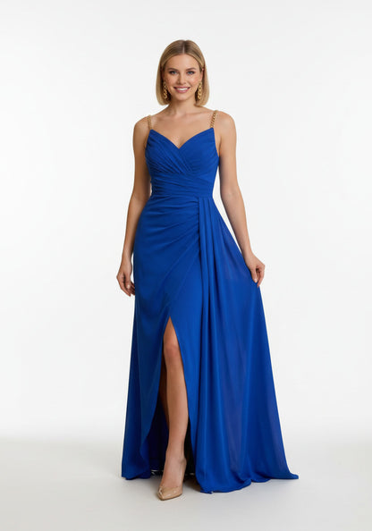 vestido de fiesta ajustado con tirantes de cadena azul