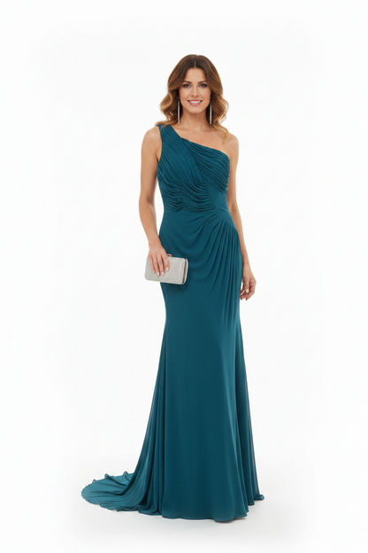 vestido sirena con escote asimétrico y espalda de corset verde azulado