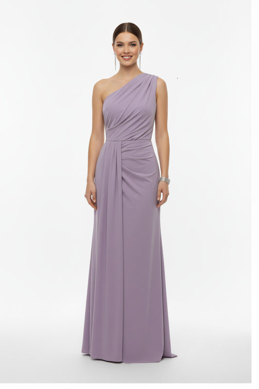 vestido sirena escote asimetrico lavanda