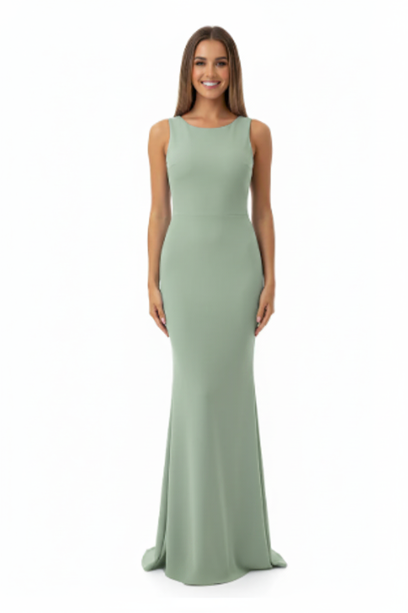 vestido de fiesta sirena con espalda descubierta y lazo verde salvia