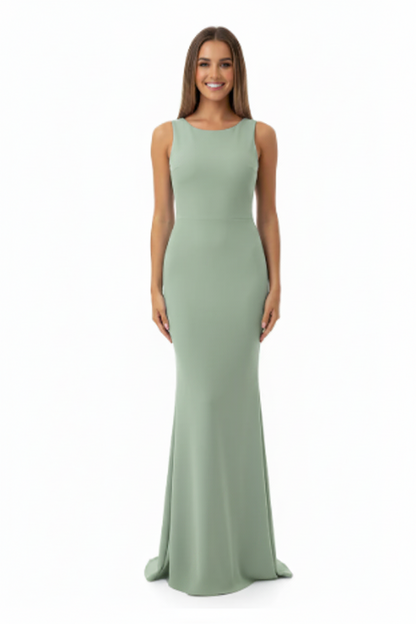 vestido de fiesta sirena con espalda descubierta y lazo verde salvia