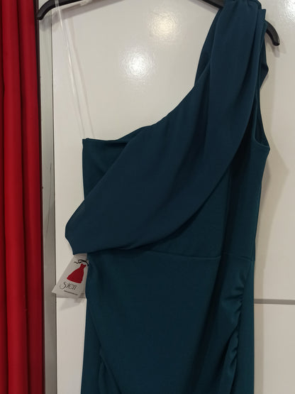 vestido de fiesta sirena escote asimétrico verde pato