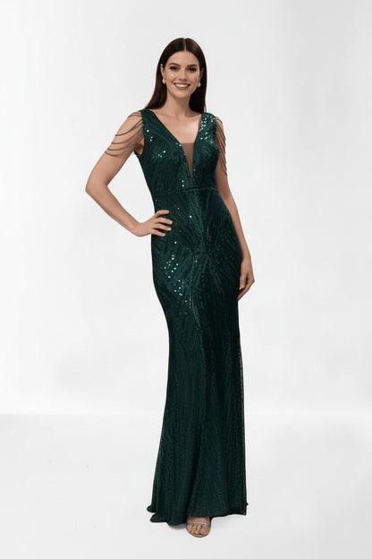 Vestido de Fiesta Sirena Aliste-con Lentejuelas y Pedrería Verde oscuro M L (38 40)