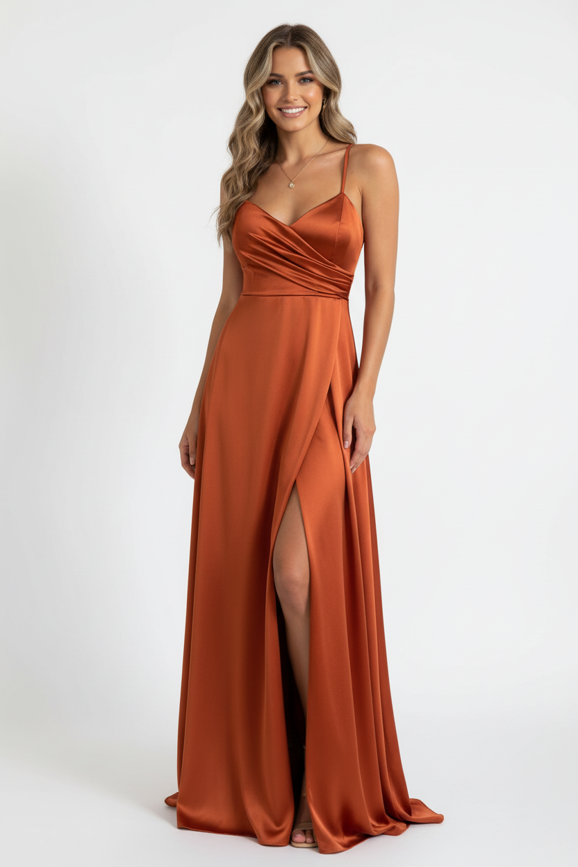 vestido de fiesta largo terracota espalda corsé