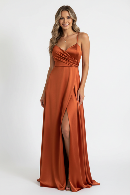 vestido de fiesta largo terracota espalda corsé