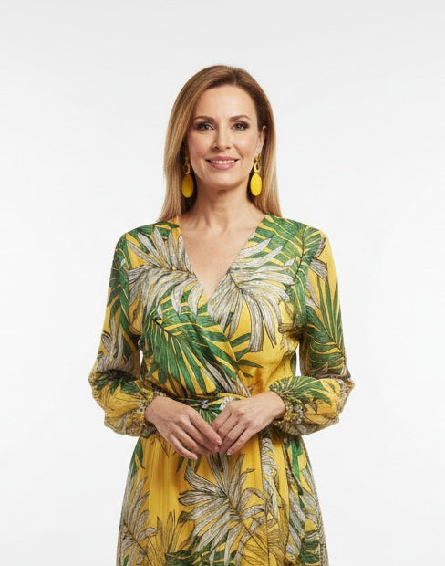 escote vestido para ceremonias estampado tropical largo