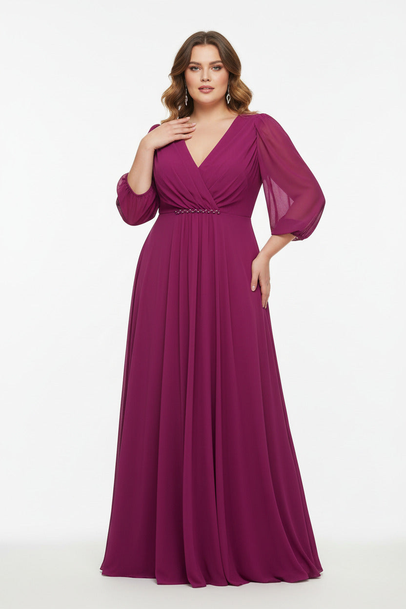 Long Party Dress in Stretch Tulle | V-Neck and Rhinestones – Suen Moda
