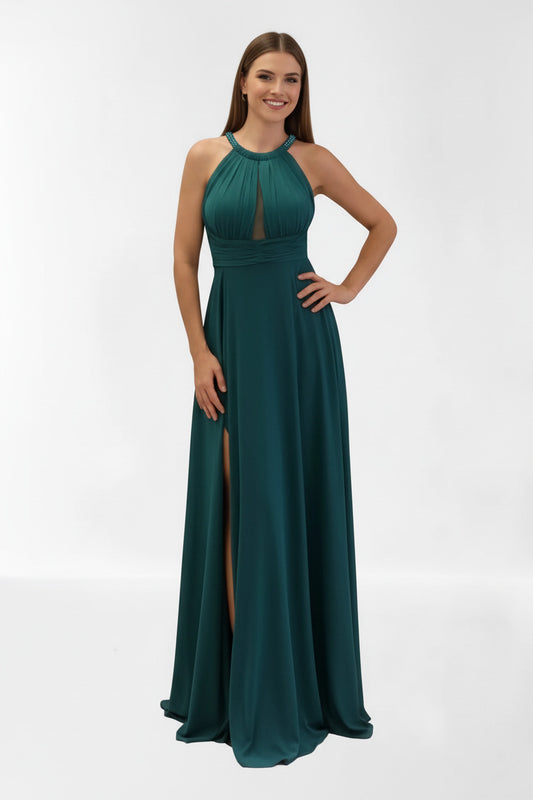 Vestido Largo Fiesta Pisa - Escote Halter con Pedrería y Abertura Verde azulado