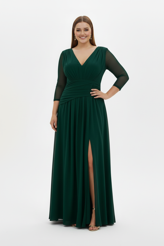 Vestido verde - mano en cintura y pierna visible