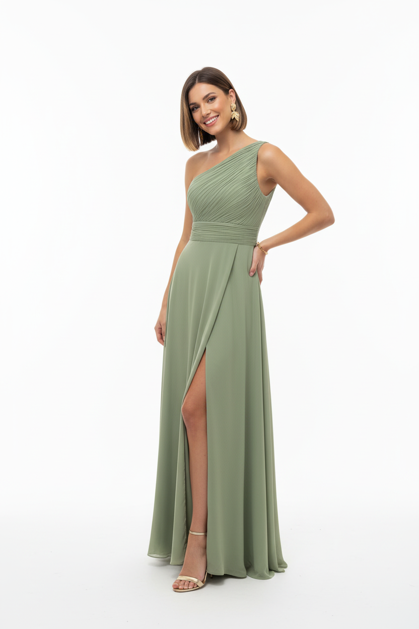 vestido de fiesta largo con escote asimétrico y abertura en la falda verde 