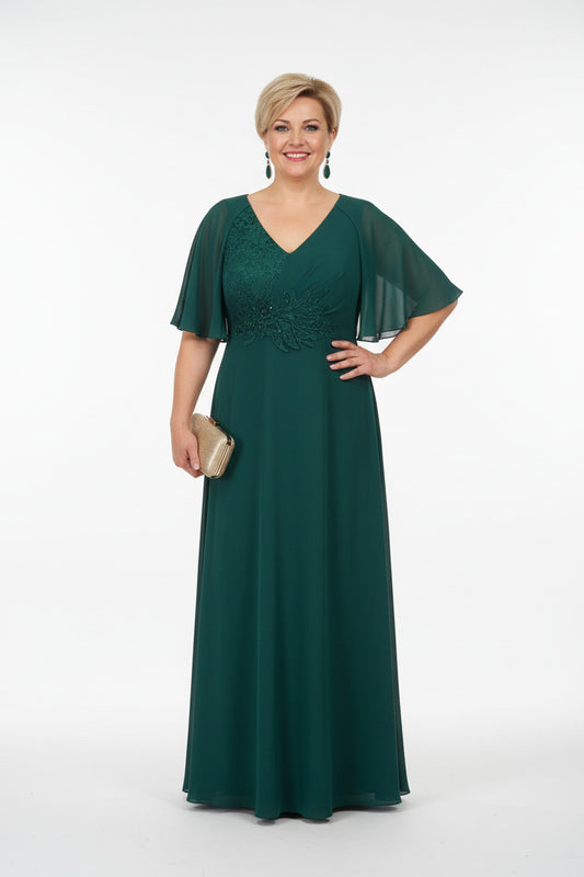 vestido de fiesta talla grande con manga de capa y encaje verde oscuro