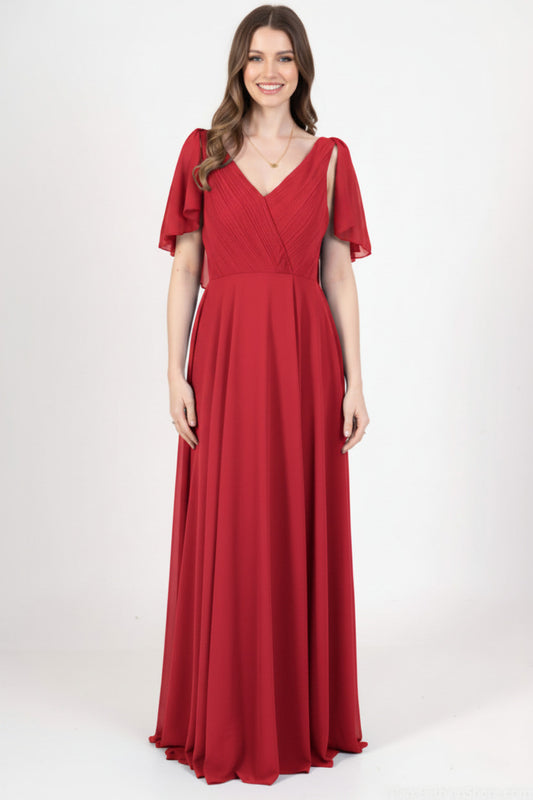 vestido de fiesta largo rojo con manga corta