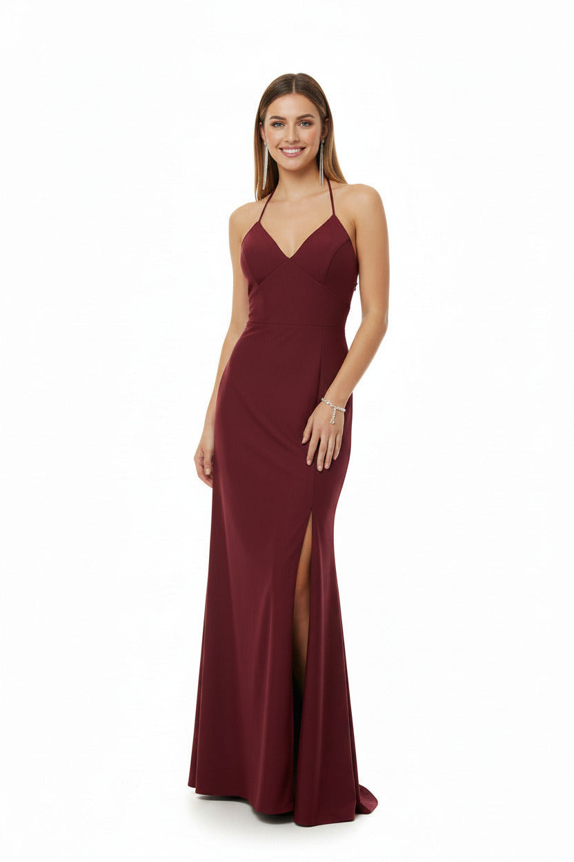  vestido sirena con espalda descubierta color burdeos