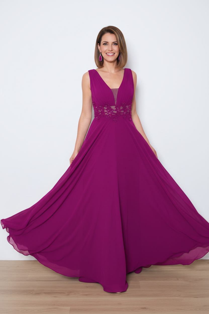 vestido de fiesta largo para boda con encaje en la cintura magenta elegante