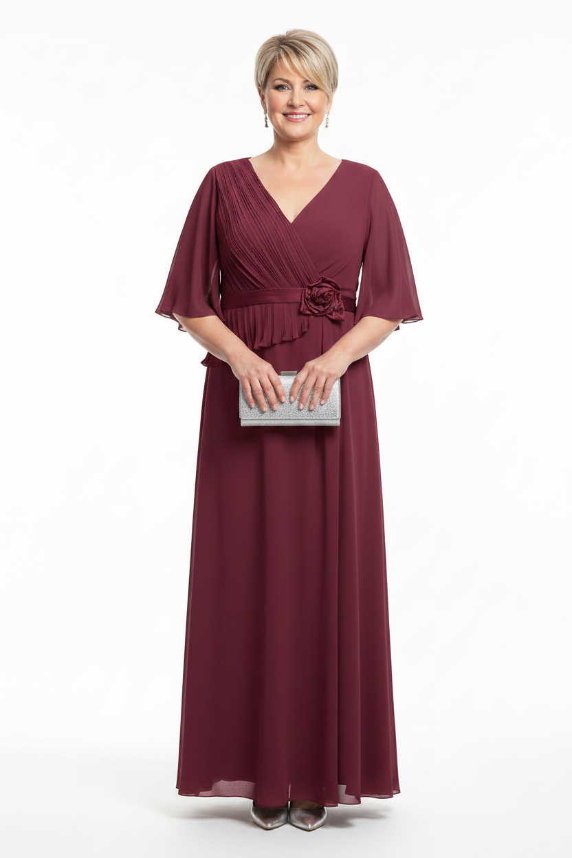 Vestido de Fiesta Largo Begur-Talla Grande con Manga, Plisados y Flor