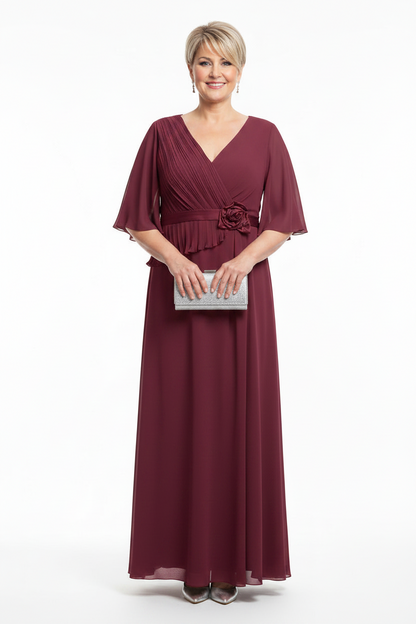 Vestido de Fiesta Largo Begur-Talla Grande con Manga, Plisados y Flor