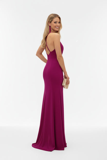 espalda Vestido de Fiesta Largo Monterey - Corte Sirena con Escote Pico y Espalda Cruzada para invitada magenta
