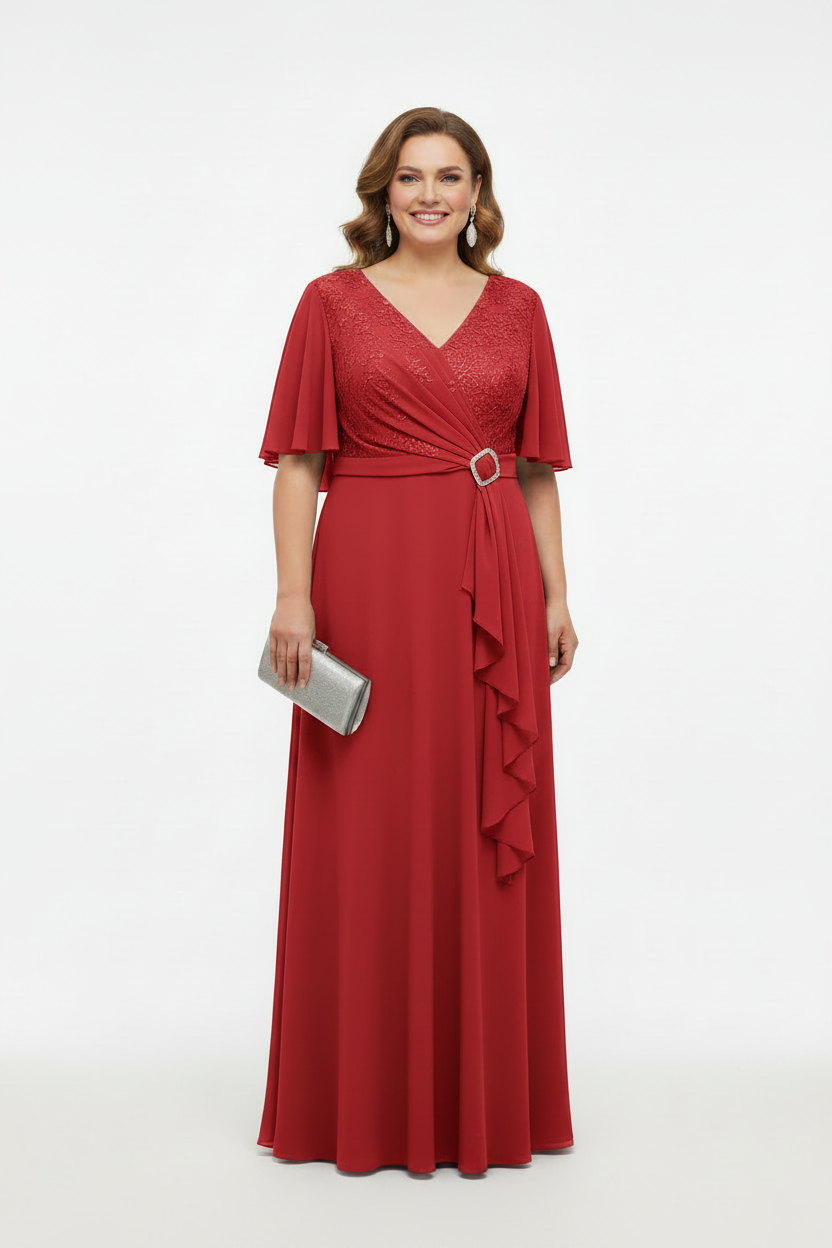 Vestido de Fiesta Largo Guadix-Talla Grande con Manga, Encaje y Brillos