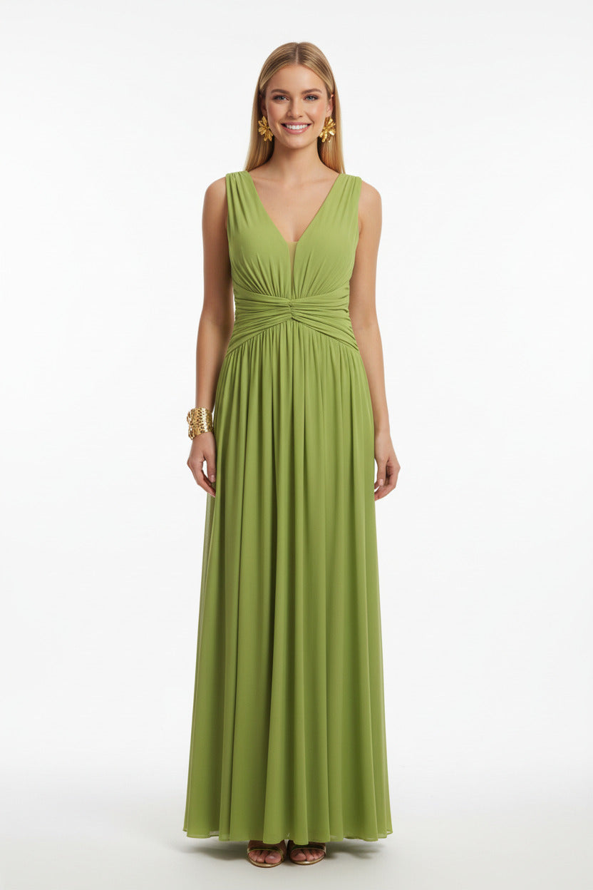  vestido para invitada a boda largo con escote pico pistacho