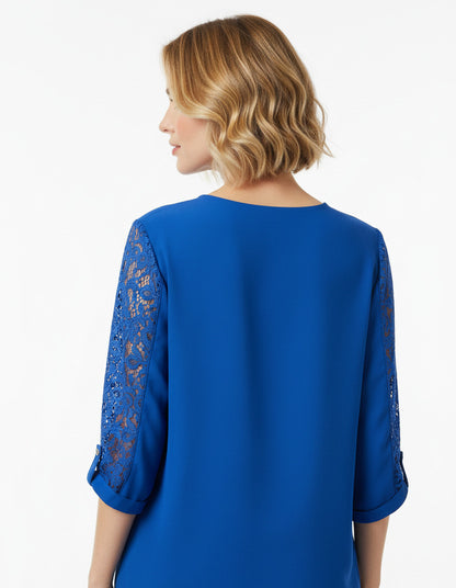 Blusa de fiesta elegante azul  con manga de encaje y collar-Vista trasera